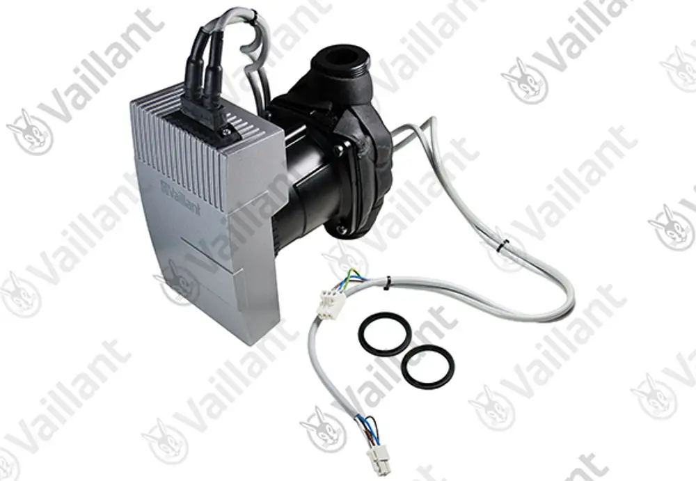 Vaillant Pumpe mit angebautem Gehäuse und elektrischen Anschlüssen, ausgestattet mit zwei O-Ringen und flexiblem Kabel für anschlussfertige Installation.